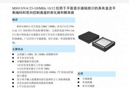 MS913/914 25-100MHz 10/12位用于平面顯示器鏈路III的具有直流平衡編碼和雙向控制通道的串化器和解串器